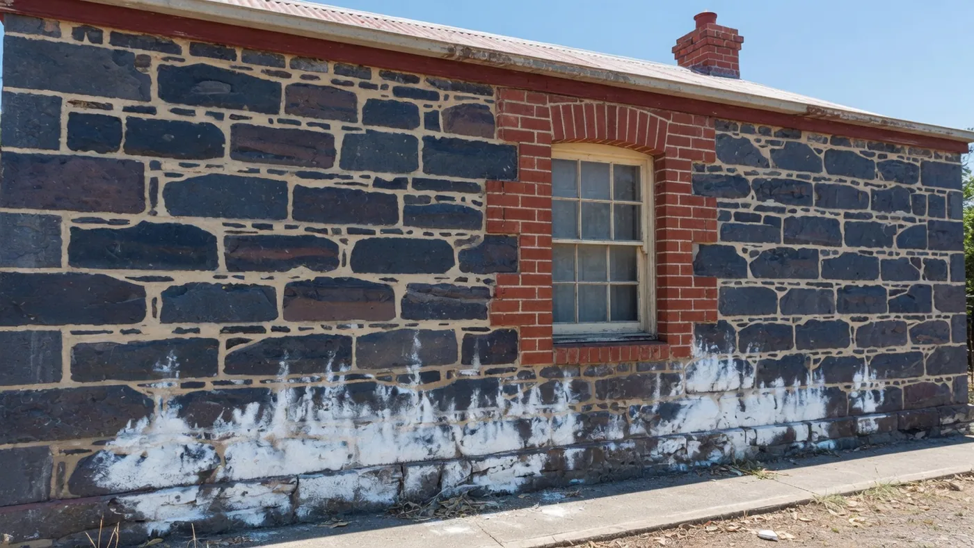 A bluestone cottage with red brick quoins and white salt efflorescence blooming across the lowest courses of the wall.