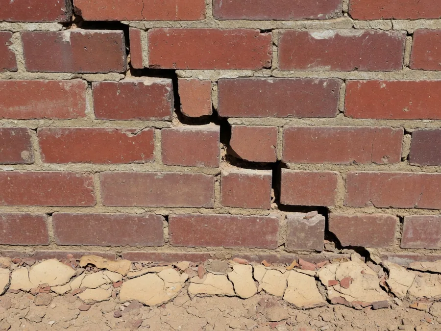 A stepped diagonal crack following the mortar joints of an old brick wall, with dried cracked clay soil at its base.