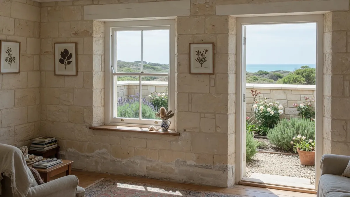 The interior of a well kept coastal limestone cottage, with a band of salt damage low on the stone wall beneath the window and the sea beyond.
