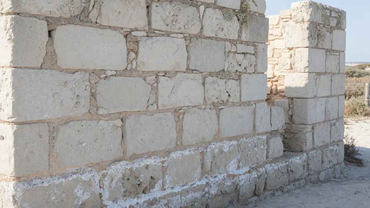 An old limestone cottage wall near the coast, the porous stone surface crumbling and salt damaged near the ground.