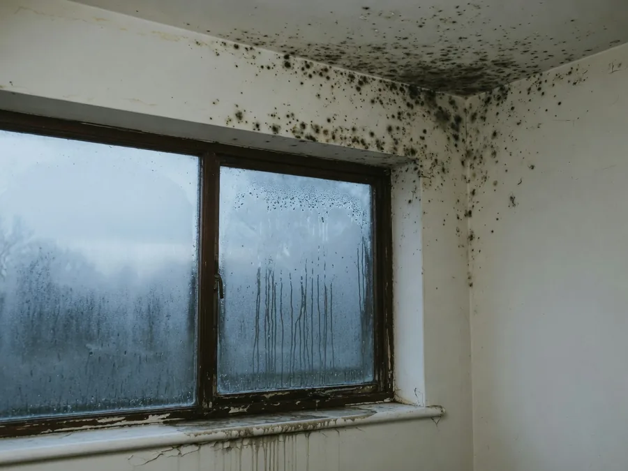 Condensation running down the inside of a single glazed window with black spotted mould in the cold corner of the ceiling above.