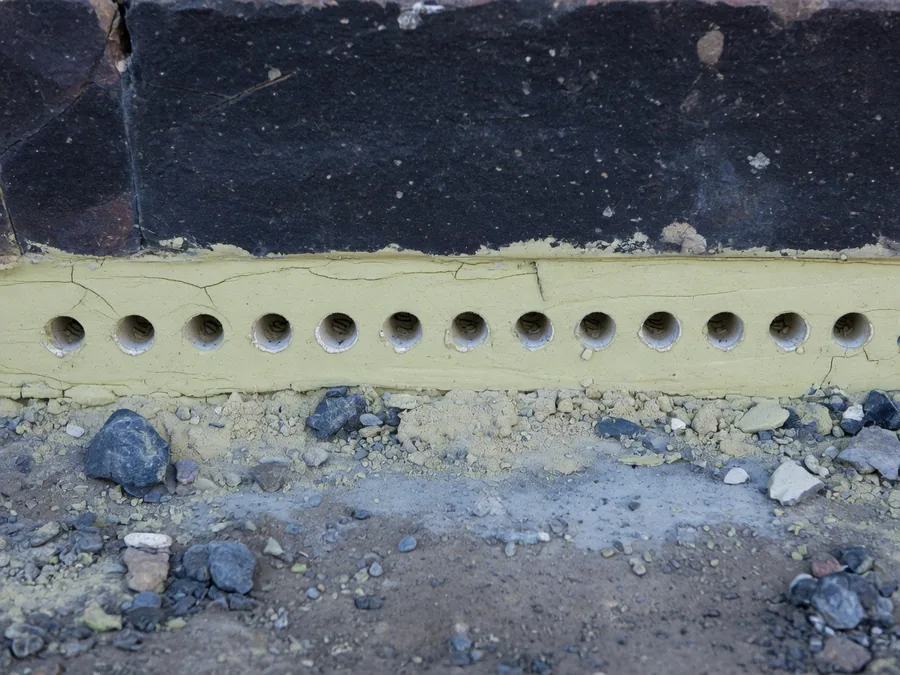 Evenly spaced drill holes along the pale lime mortar joint near the base of a dark bluestone wall.