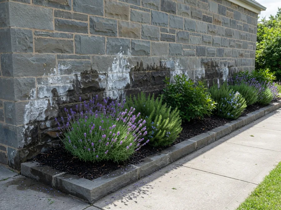 A raised garden bed of lavender and rosemary built against the wall of a bluestone cottage, with white salt bloom and damp staining on the stone directly above it.