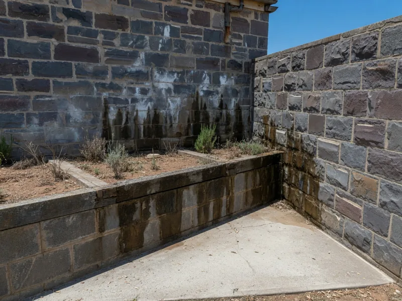 A concrete path and raised garden bed built hard against the wall of an old bluestone cottage, with damp staining on the stone above.