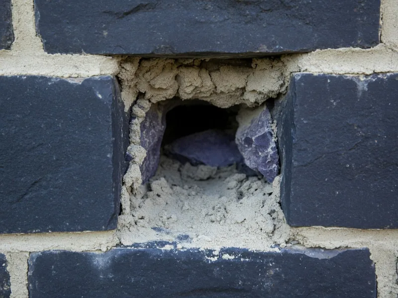 A close view of a bluestone wall where the lime mortar joint has crumbled to sand and receded into the wall while the stone faces remain sound.