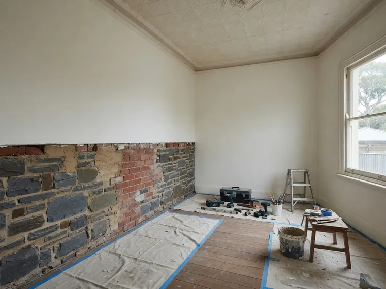A tidy room mid-renovation with the lower plaster removed in a clean line, exposing sound bluestone and brick, dust sheets laid down.