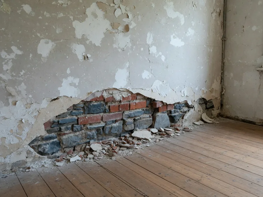 A room with the salt damaged plaster removed from the bottom metre of the wall, exposing bluestone rubble and brick beneath.