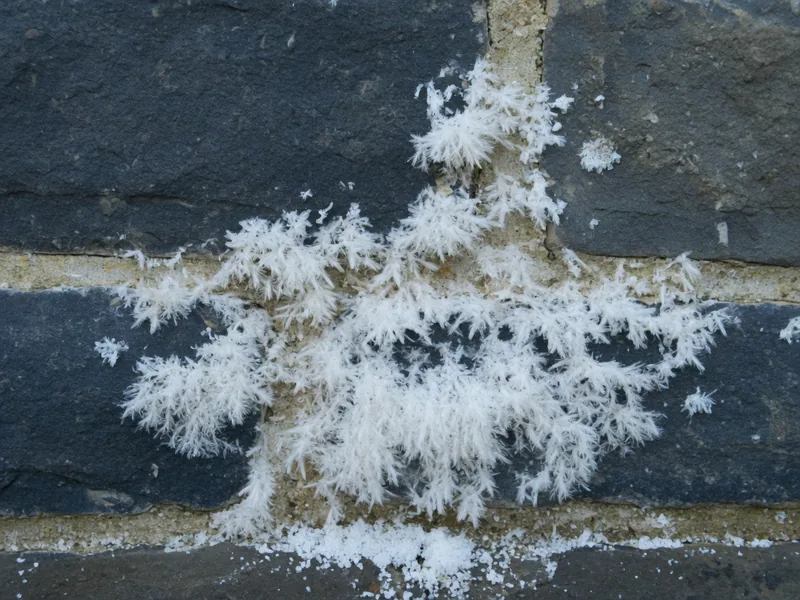 Thick white salt crystals spreading across dark bluestone and packed into the mortar joints at the base of a wall.