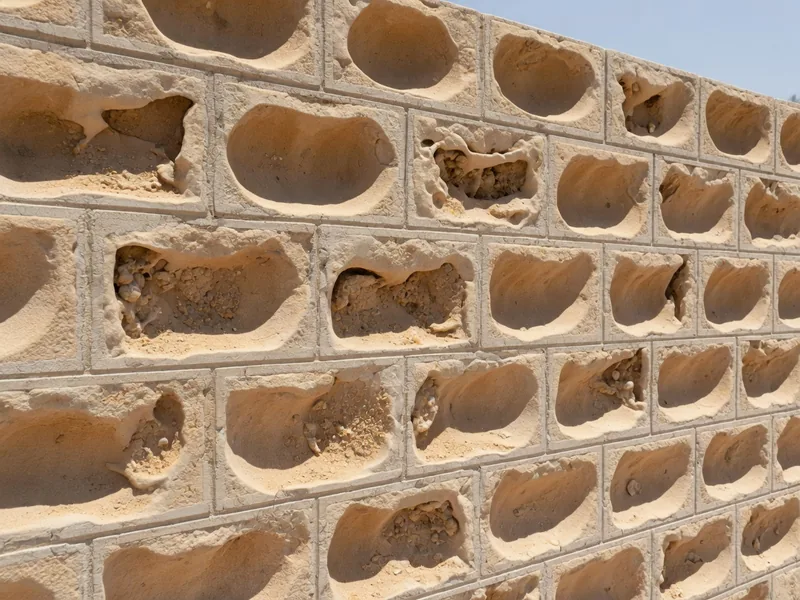 Sandstone blocks whose faces have dished and powdered away while the mortar joints stand proud of them.
