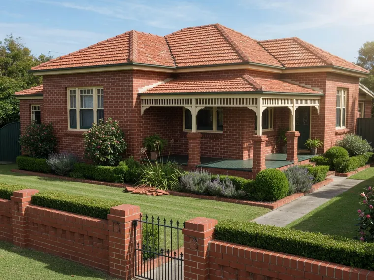 A 1920s red brick bungalow with a wide verandah on tapered brick piers.