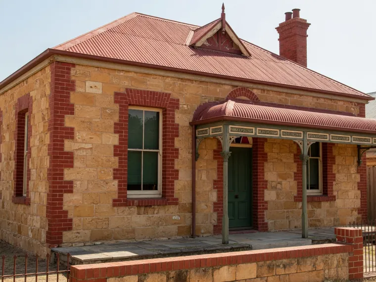 An Adelaide sandstone villa with contrasting red brick quoins around the openings.