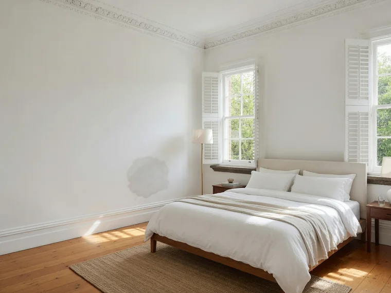 A light bedroom in a restored Adelaide villa with a small grey bloom of damp on the wall beside the bed.