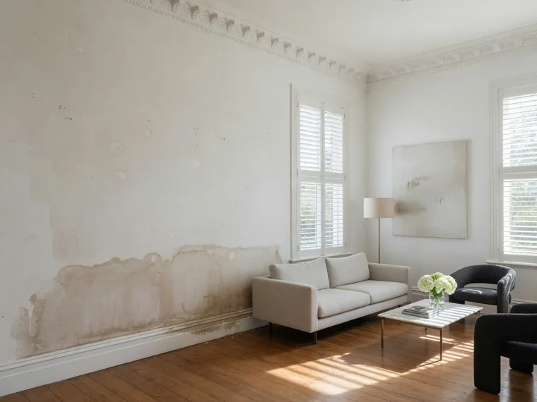 A restored Adelaide villa living room where a brown damp stain rises from the skirting and stops at a level line about half way up the lower wall.